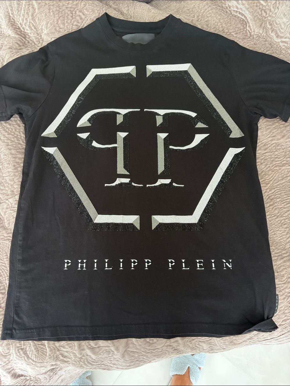 Philipp Plein Black Short-Sleeve Tee with Silver Logo Hex Motif
